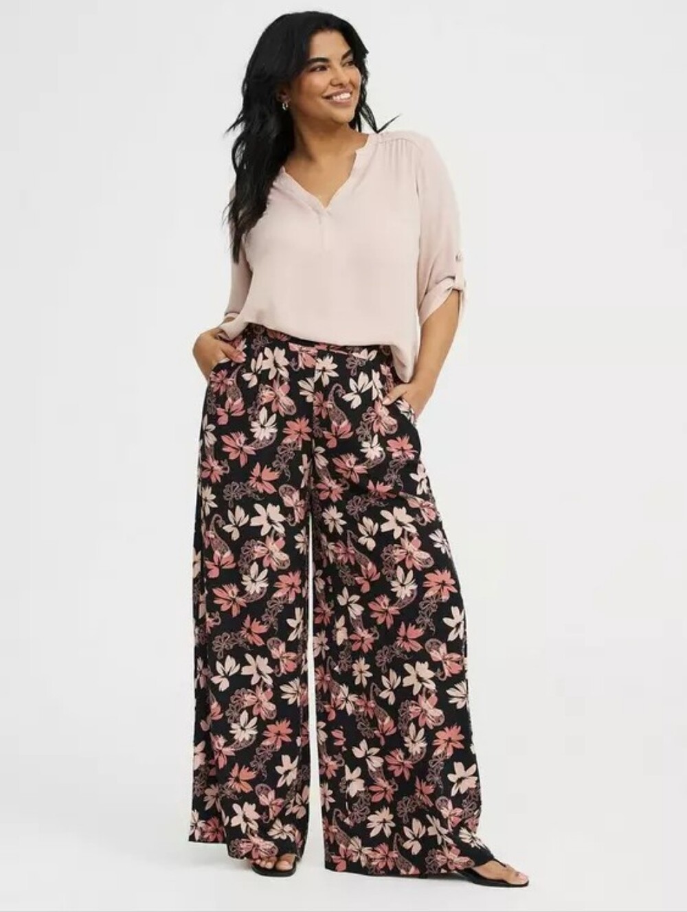 Torrid Challis Eloise Floral Wide-Leg Pull On Dress Pants - Black